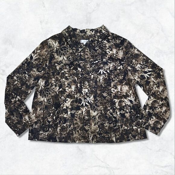 CJ Banks NWT Floral Black & Tan Long Sleeve Button-Up Blouse - Picture 2 of 7